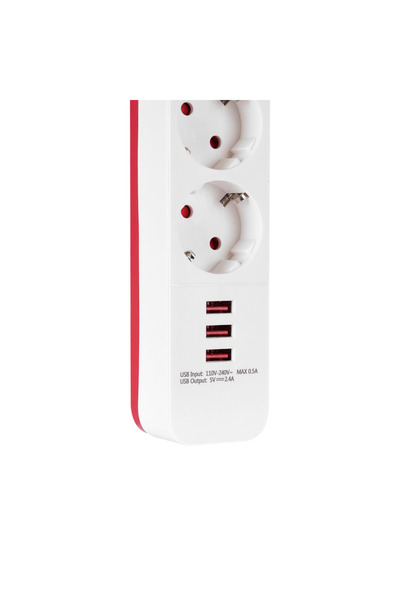 S-LINK SPG403U، 4 مقابس، مقبس حماية من التيار، 3xUSB 5V 2.4A، كابل نحاسي 100% بطول 1.5 متر، 1.5 ملم، 750 جول