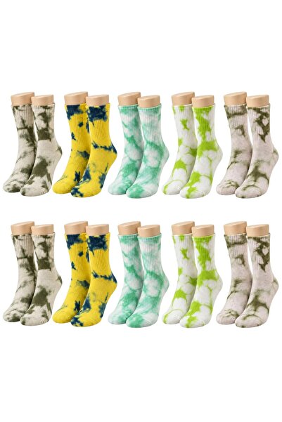 Şerife Hanım Unisex Batik Patterned Socks Set of 10 Cotton Colorful Long Sock...