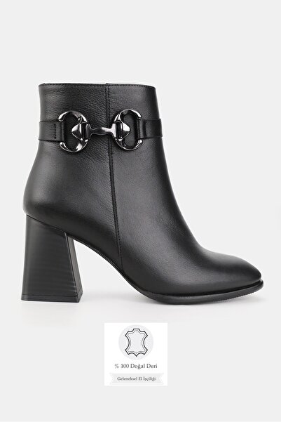 TUNAELLİ Women's Black Genuine Leather Thick Heel Buckle Boots & Booties, Siz...