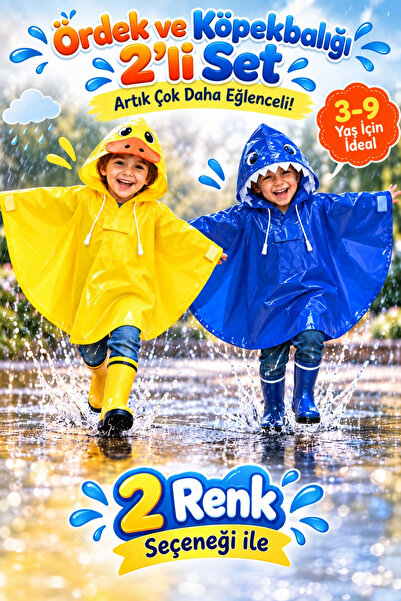 Lucky Love Ördek ve Köpekbalığı Desenli Çocuk Yağmurluğu 3-9 Yaş Su Geçirmez ...