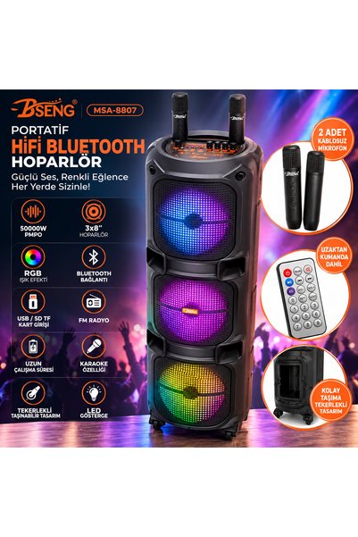MUZEKO MZKMSA-8807 HOPARLÖR KABLOSUZ ÇİFT MİKROFONLU UZAKTAN KUMANDALI HİFİ BLUETOOTH GÜÇLÜ SESLİ HOPARLÖR KOLAY TAŞIMA