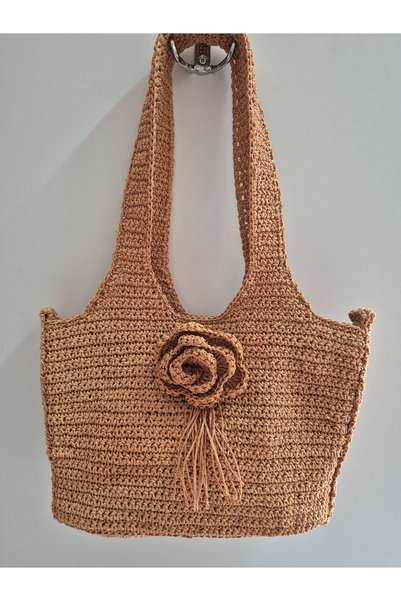 El Örgüsü Kağıt İp Kadın Omuz Çantası - Tarçın Rengi, Gül Detaylı, Astarlı ve Çıtçıtlı (40x22 cm)
