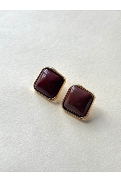 Alveole Jewelry Gold İnce Çerçeveli Kahverengi Kare Vintage Küpe