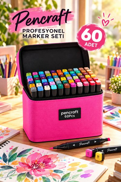 House Bird Pencraft 60'lı Çift Taraflı Profesyonel Marker Kalem Seti Pembe Ça...