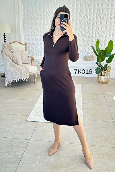 İnce Topuk Fermuar Detay Pike Dokuma Elbise 7K016