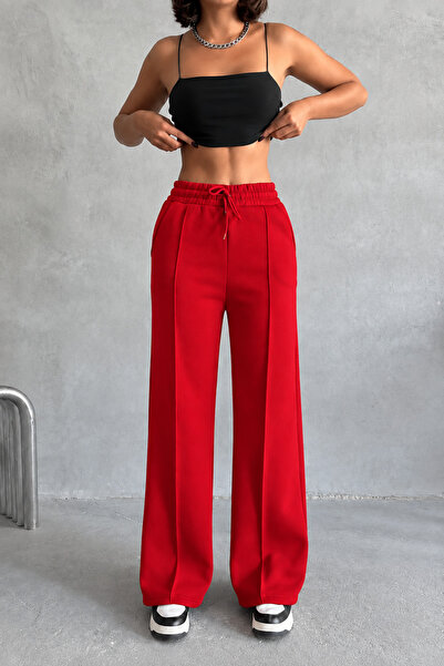 İLKCET MODA Women's Red Baggy Wide Leg Sweatpants
