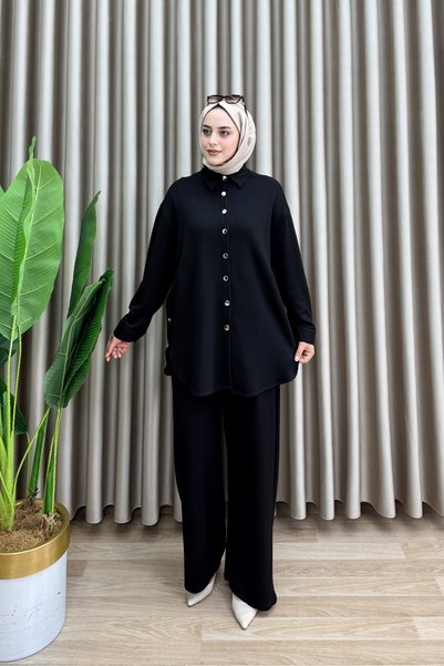Hürrem Zeren Takim Oysho Fabric Fabric Women's Black Two-Piece Set with Open-Back Buttoned Hijab Pants