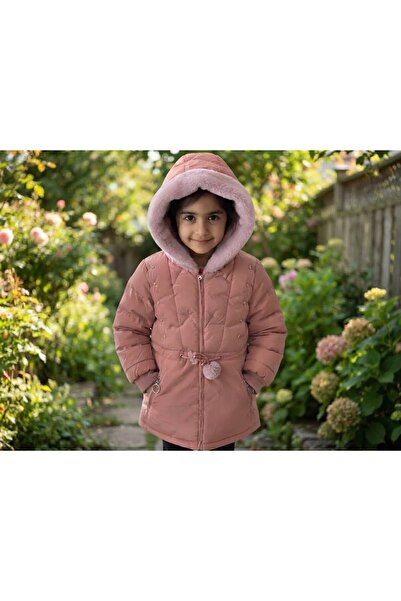 Ysferbutik Kız Çocuk Pelüş İçi Kürklü Kapüşonlu Beli Ayarlanabilir Şişme Mont
