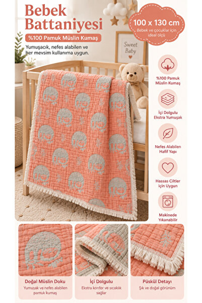 LADYNİL 100% Cotton Muslin 6-Layer Baby & Kids Blanket, 100X130Cm Patterned M...