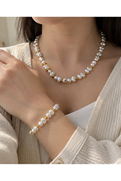 Bilenler Pearl Necklace Bracelet Set Stylish Jewelry Set with Gold Detail