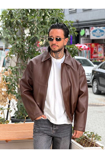 manch collection Giesto Oversize Yıkamalı Deri Ceket kahverengi