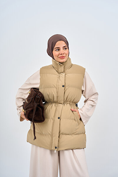 LOCCO Kadın Beli Ayarlanabilir Çıtçıtlı Süet Yelek Krem