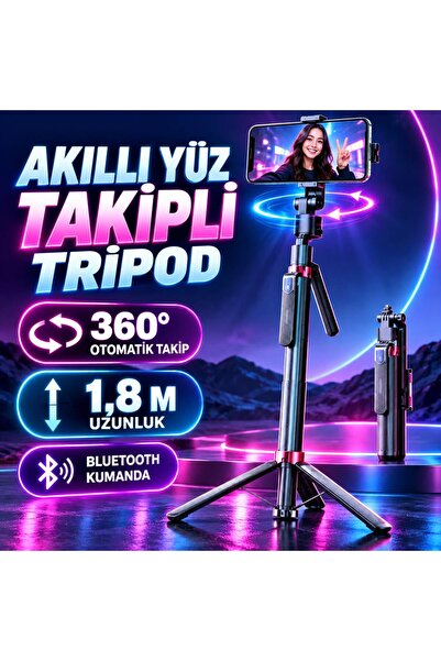 iPhone 12 Pro Uyumlu 1,8 Metre Akıllı Yüz Takipli Selfie Çubuğu ve Tripod, 360° Döner