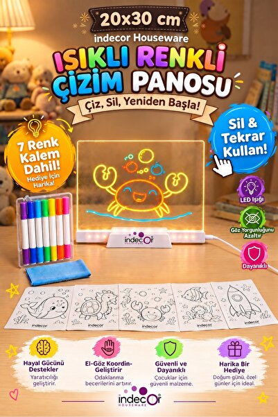 İndecor Houseware LED IŞIKLI Çizim ve Boyama Tahtası Standlı Ledli Yazı Tahta...