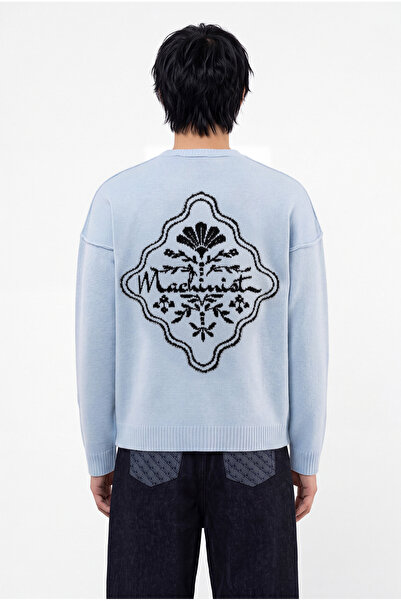 Machinist Men's Crew Neck Back Patterned Oversize Knitwear Baby Blue