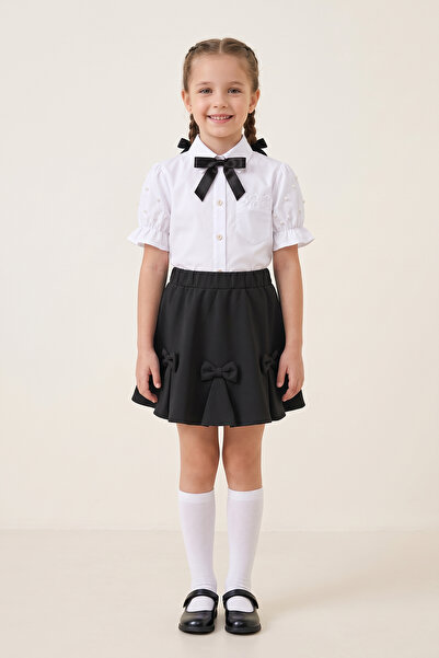 nacar çarşı Girl's Black Ribbon Short Sleeve Pearl Detailed Sleeve Ruffle Poc...