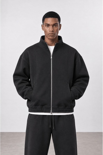 Respire Erkek Crop Fit Panda Oversize Zip Siyah