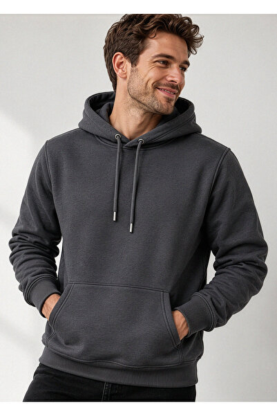 Hediyesepeti Koyu Gri Erkek Kapüşonlu Basic Sweatshirt Kanguru Cepli Hoodie