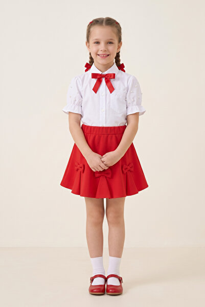 nacar çarşı Girl's Red Ribbon Short Sleeve Pearl Detailed Sleeve Ruffle Pocke...