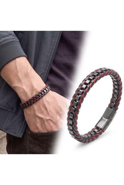 FM 💎   Premium Shiny and Stylish Red Black Ribbed Leather Weave 316L Steel C...