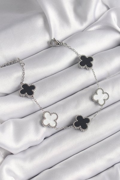shopwave 316L Steel Silver Color Black and White Clover Model Women's Bracelet