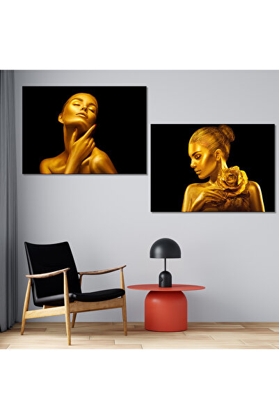Tilki Dünyası Set de 2 tablouri pe pânză cu portrete de femei aurii - Decor m...
