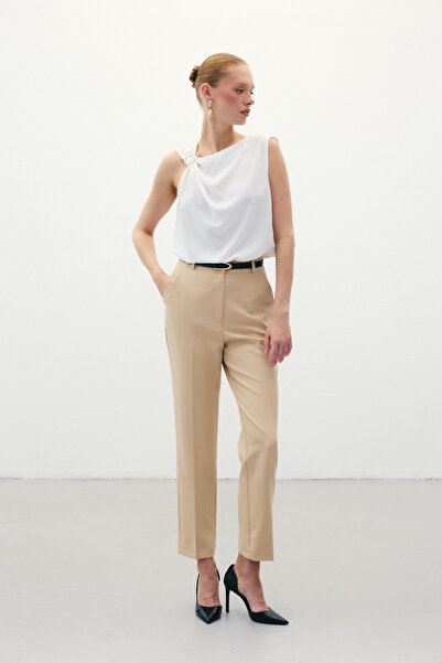 Sateen Kemerli Pantolon - Koyu Bej