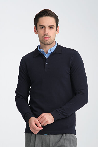 Frappoli Ottoman Men's Navy Blue Patterned Regular Fit Non-Curling Collar Pol...