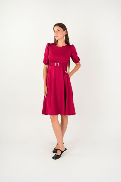 BEYBOS Crepe fabric dress with belt detail - burgundy