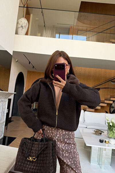 manana fashion Ζακέτα πλεκτή με γούνινο γιακά και φερμουάρ