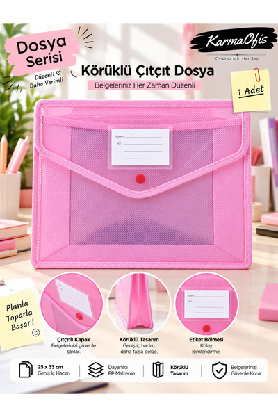 KarmaOfis Körüklü Çıtçıtlı Dosya 25x33 cm – Geniş Hacimli Etiket Bölmeli PP E...