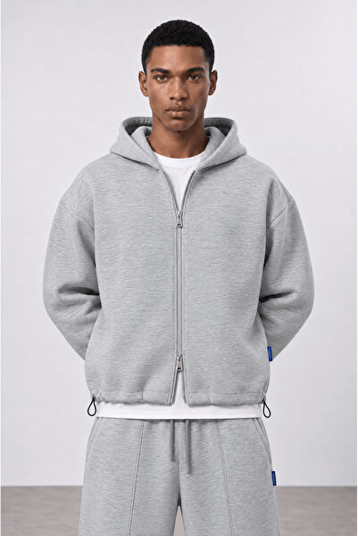 Respire Erkek Lastik Detaylı Panda Oversize Zip Gri Melanj