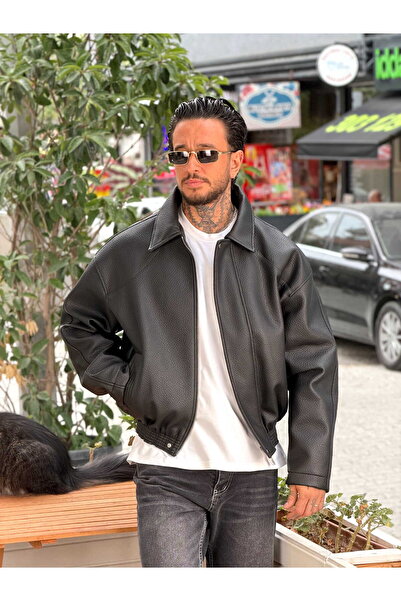 manch collection Giesto Oversize Yıkamalı Deri Ceket Siyah