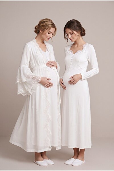LOHOUSE Women's Ecru Special Design Lace Flounce Sleeves Maternity Nightgown ...