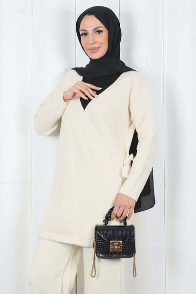 HNT Hayrunnisa Tesettür Side-tie, double-breasted collar knitwear set - cream hnt2812