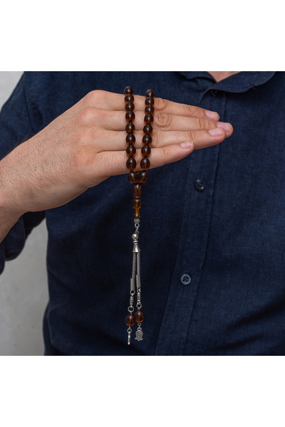 FM 💎   Premium Shiny and Stylish Metal Tassel Brown Crimped Amber Prayer Beads