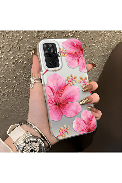 SLIMFELT Redmi Note 10 Pro Uyumlu Yumuşak pembe sulu boya hibiscus, basit çiç...