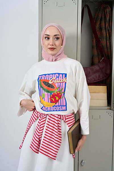LOCCO Kadın Tropical Desen Uzun Kollu Body Ekru