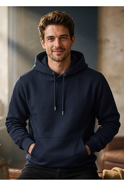Hediyesepeti Lacivert Erkek Kapüşonlu Basic Sweatshirt Kanguru Cepli Hoodie