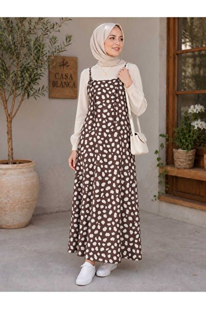 by elmoda Women's Brown Digital Printed Gilet Dress with Adjustable Drawstrin...