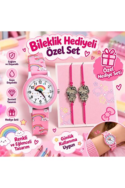 Eylemboutique Kız Çocuk Kol Saati Bileklik Hediyeli Set | Renkli Gökkuşağı Ta...