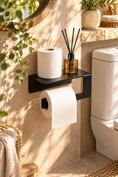 House Bird Adhesive Shelf Wc Paper Holder Matte Black No Drilling Mounting To...