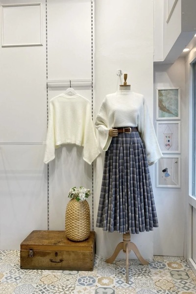 fayaboutique.com Gri Deri Kemerli Ekoseli Grazia Etek