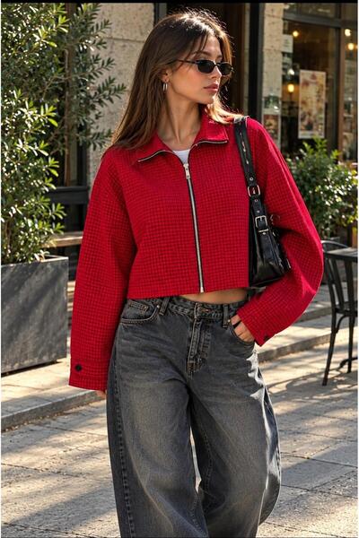 eyonnwear Γυναικείο κόκκινο μικρο-καρό μπουφάν μπόμπερ με φερμουάρ και όρθιο ...