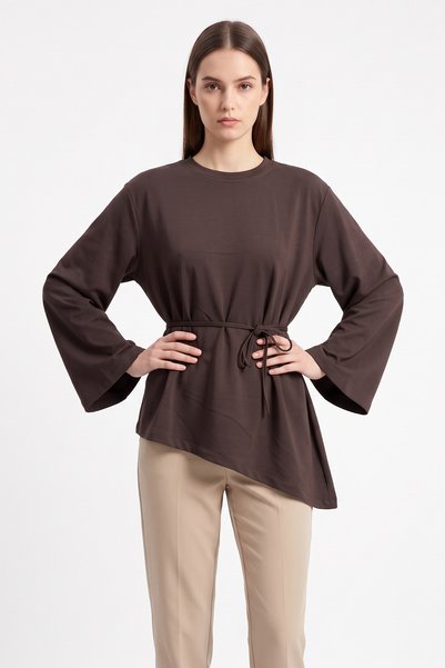 zenne Lace-Up Verev Cut Blouse 2029 - Brown