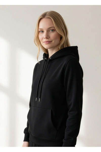 Hediyesepeti Siyah Kadın Kapüşonlu Basic Sweatshirt Kanguru Cepli Hoodie