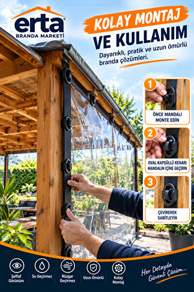 erta 4.20 METRE X 2 METRE PVC DÖNER DÜĞMELİ Branda – Açılır Kapanır Şeffaf Te...