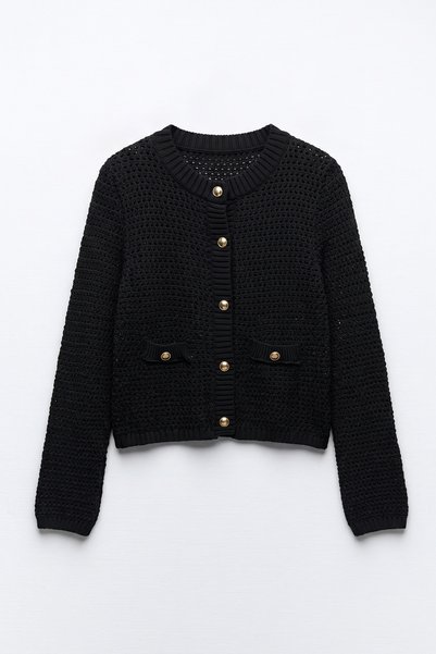 zenne Cardigan din tricotaj cu nasturi aurii T2603 - NEGRU