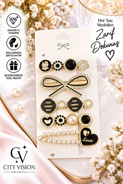 cityvision Set of 5 Women's Black Gold Pearl and Stone Hair Clips - Stylish a...