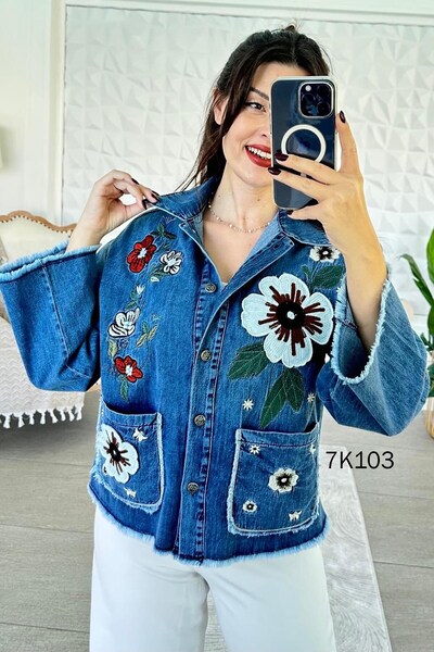 İnce Topuk Floral Embroidered Denim Jacket 7K103